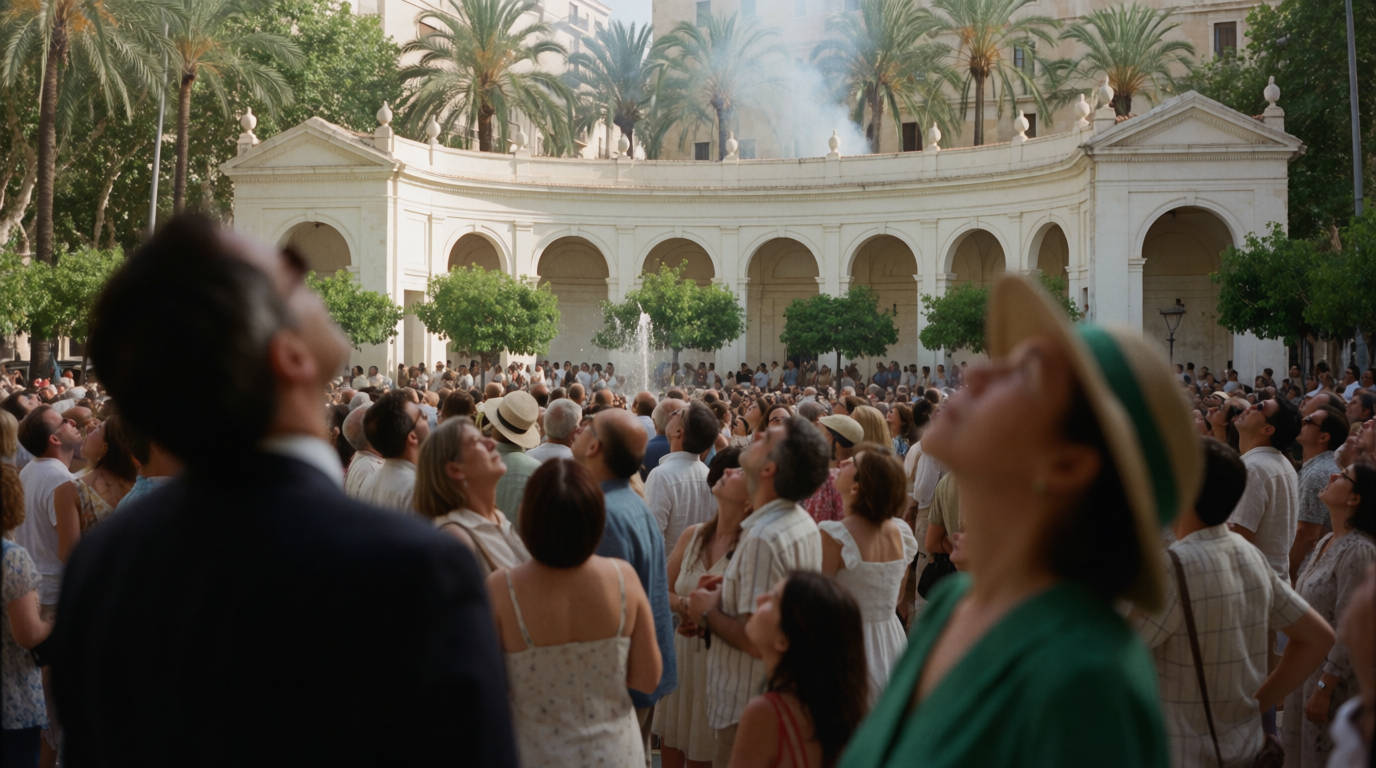 A crowd in Alicante's Plaza de los Luceros looking up at drifting smoke from the afternoon mascletà