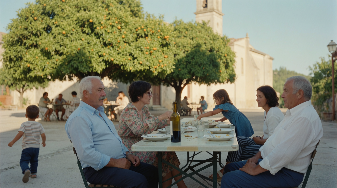 Extended family lingering around a long lunch table in a Spanish village plaza