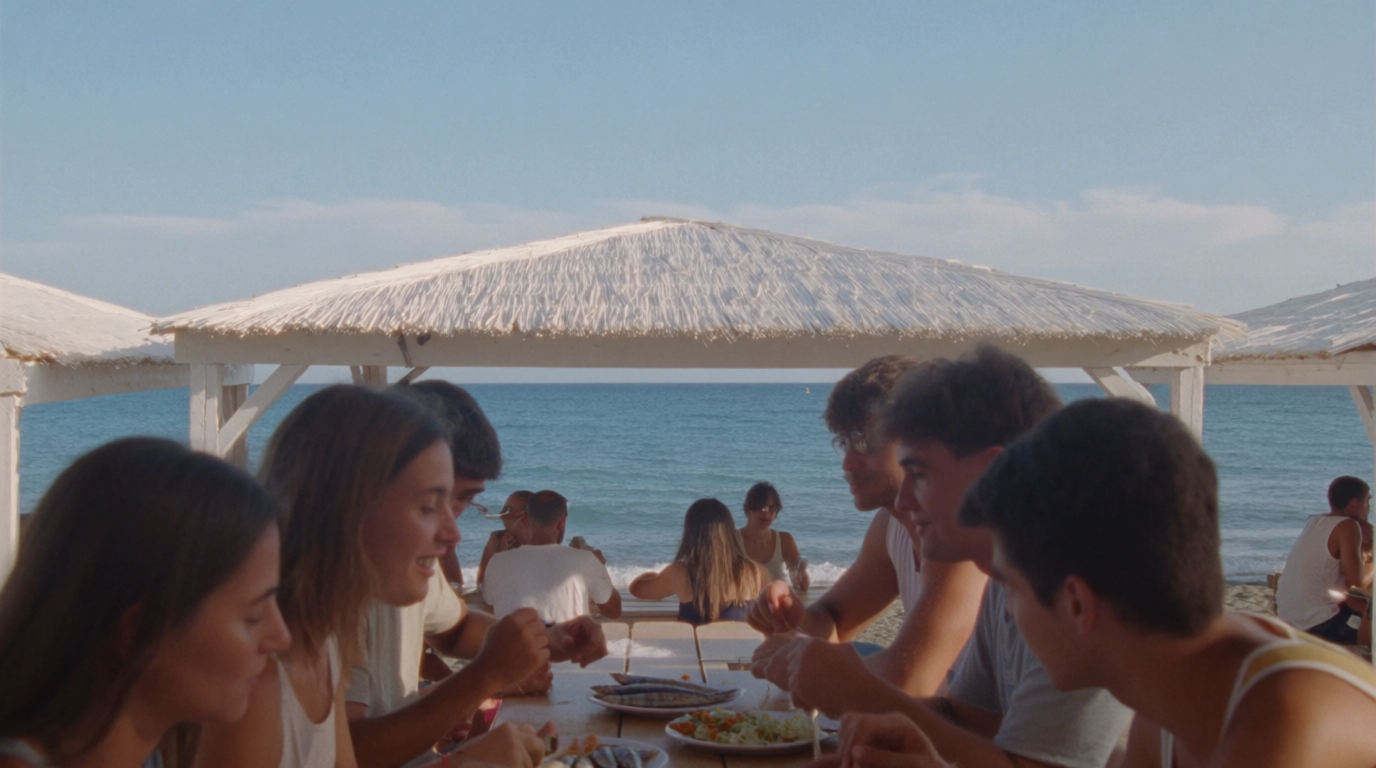 Venner ved et langt frokostbord på en chiringuito nær Manilva med havet i baggrunden