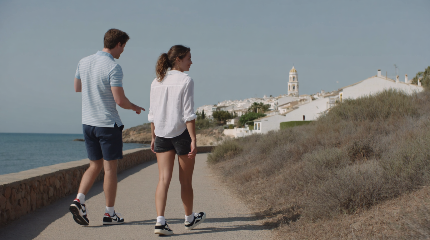 Two friends walking a quiet coastal path between towns in early autumn