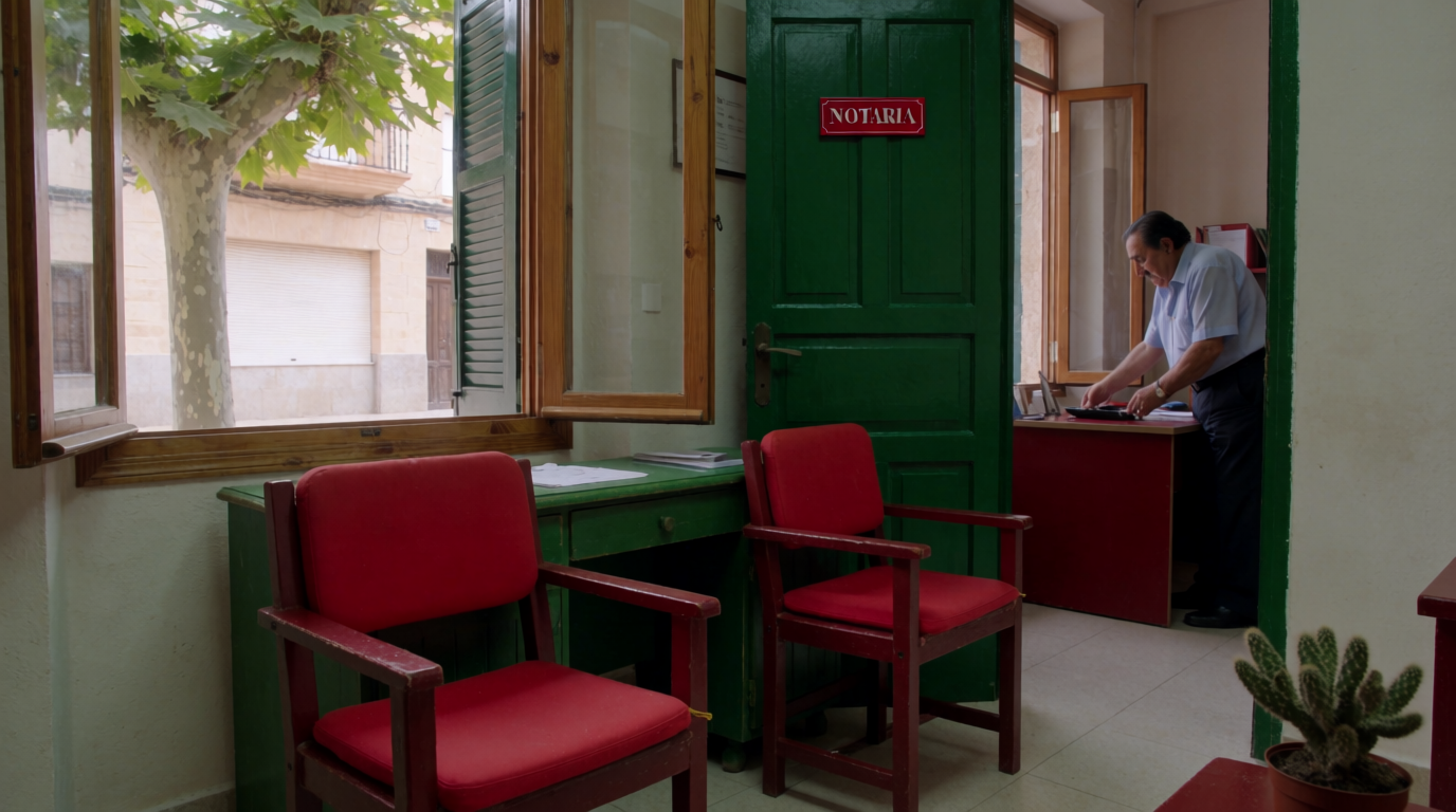 A quiet notary office waiting room overlooking a small town plaza