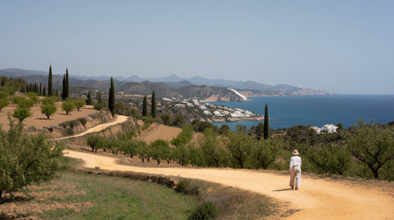 A hillside path above Jávea overlooking terraced groves and the sea