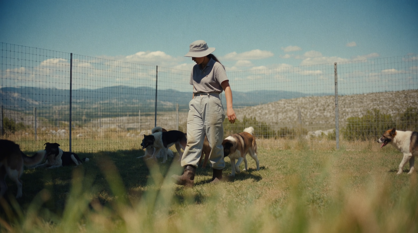 A volunteer among several dogs at a rural Andalucían animal shelter