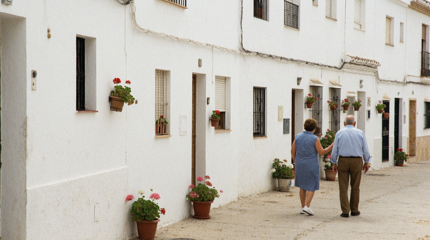 A couple walking together along a whitewashed street in Estepona's old town.