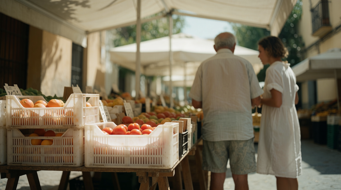 Shoppers browsing an outdoor fruit and vegetable market in a narrow whitewashed street