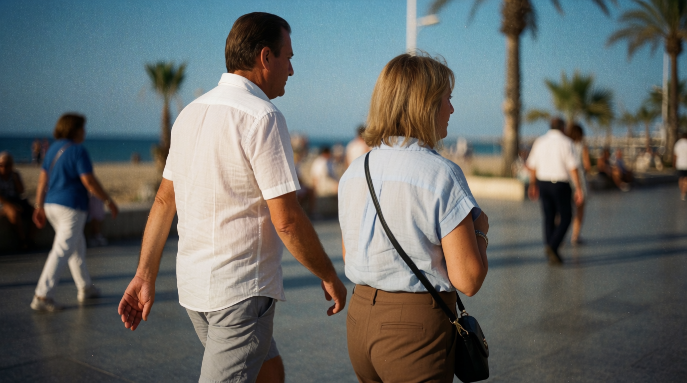 Et par på spadseretur langs strandpromenaden i Torrevieja