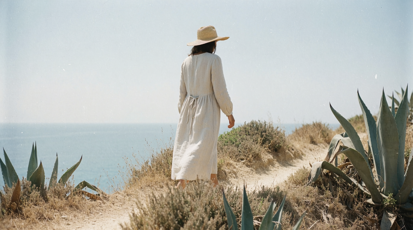 Woman walking a coastal path above the sea at midday