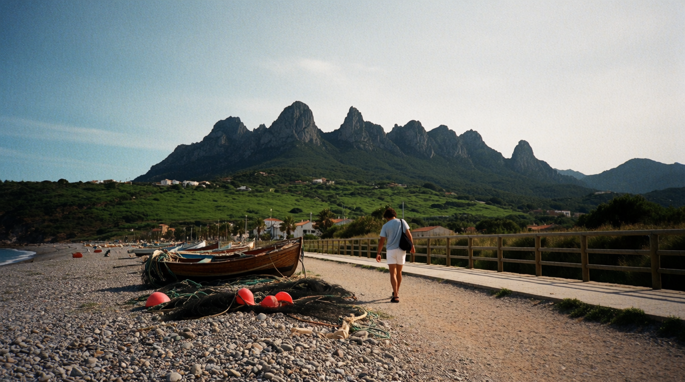 Walker on the seafront path in Altea with hills in the background