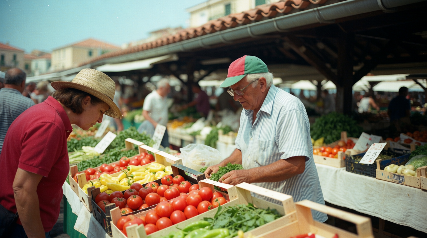 Market stall with fresh vegetables and a customer browsing in Altea