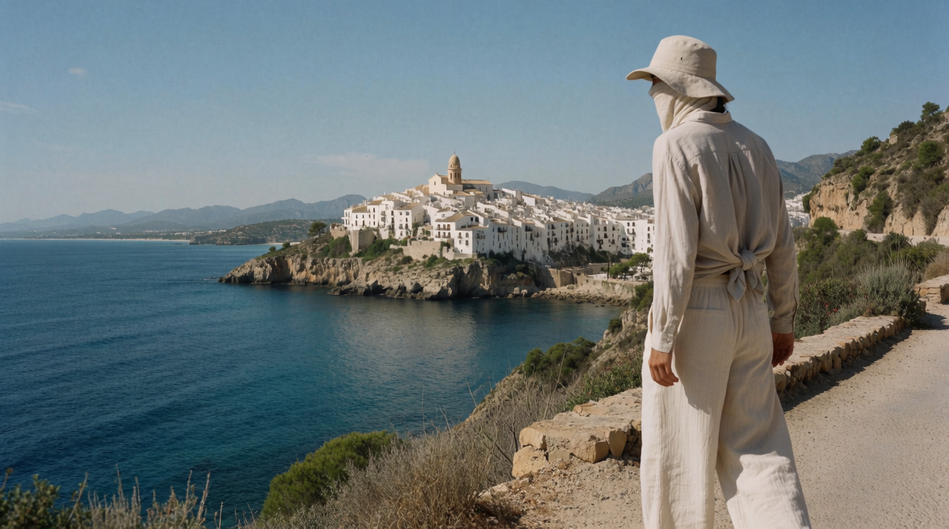 A walker on a coastal path above the cliffs near Altea with the town in the distance