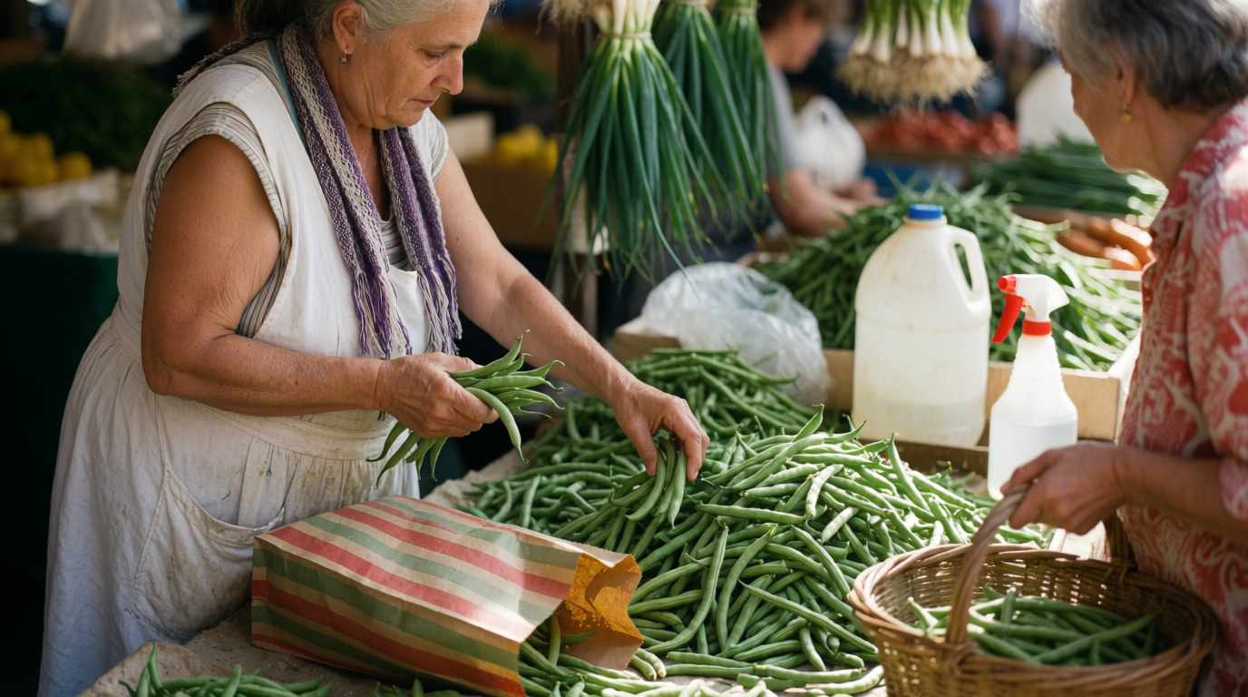 A woman sorting green beans at an outdoor market stall in Spain