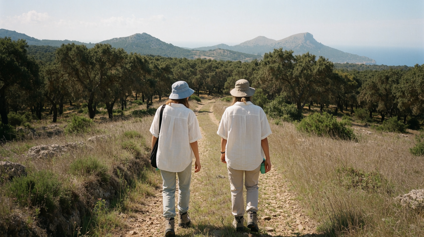 Two walkers on a hill track above Casares with the sierra and the sea in the distance