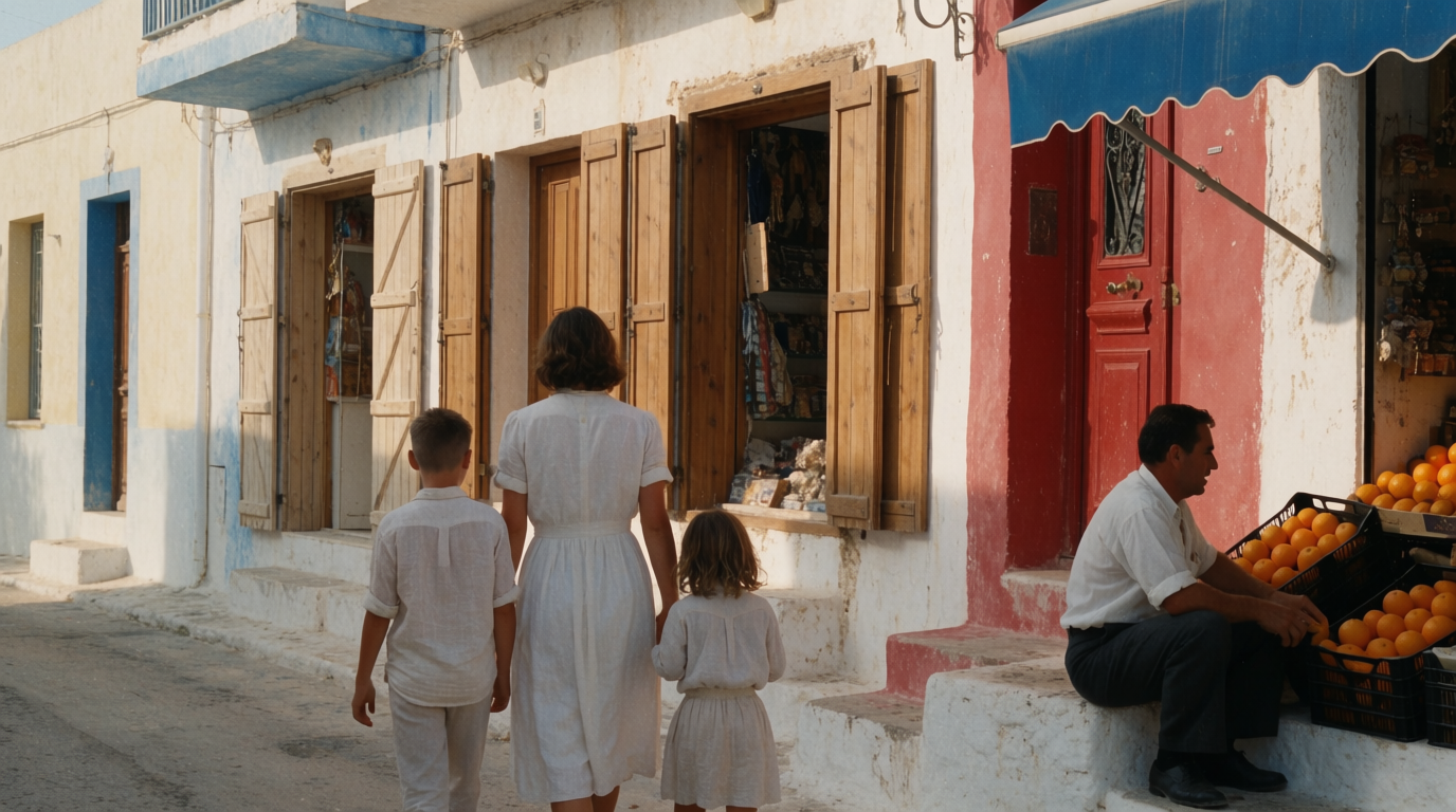Family walking past a shop reopening in the early evening on a Spanish coastal street