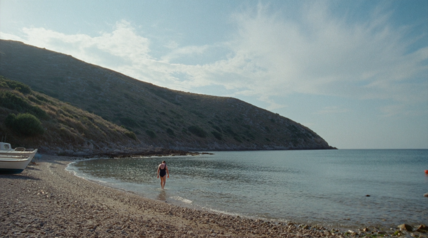 A swimmer entering the calm sea at dawn in a quiet cove near Jávea