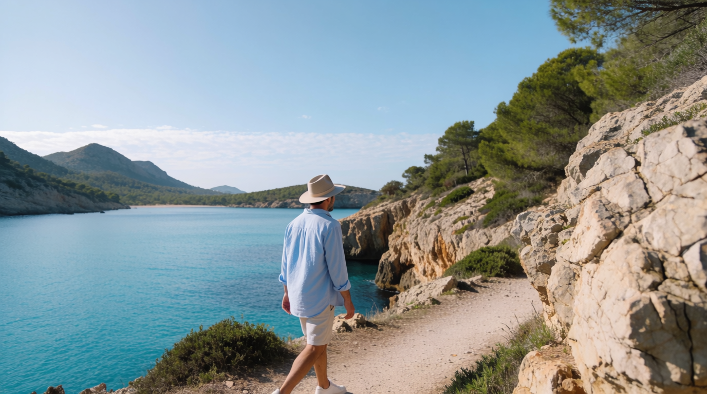 Walker on a coastal path above the sea on the Costa Blanca