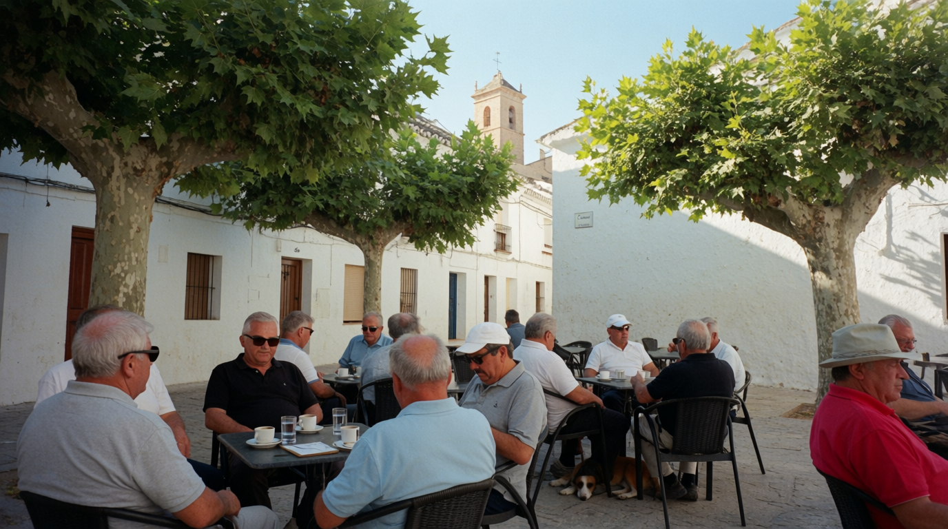 Neighbours sitting at café tables in a small plaza in Casares village