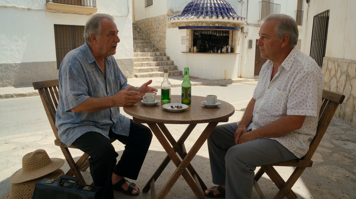 Two men in conversation at a shaded café terrace in Altea's old town