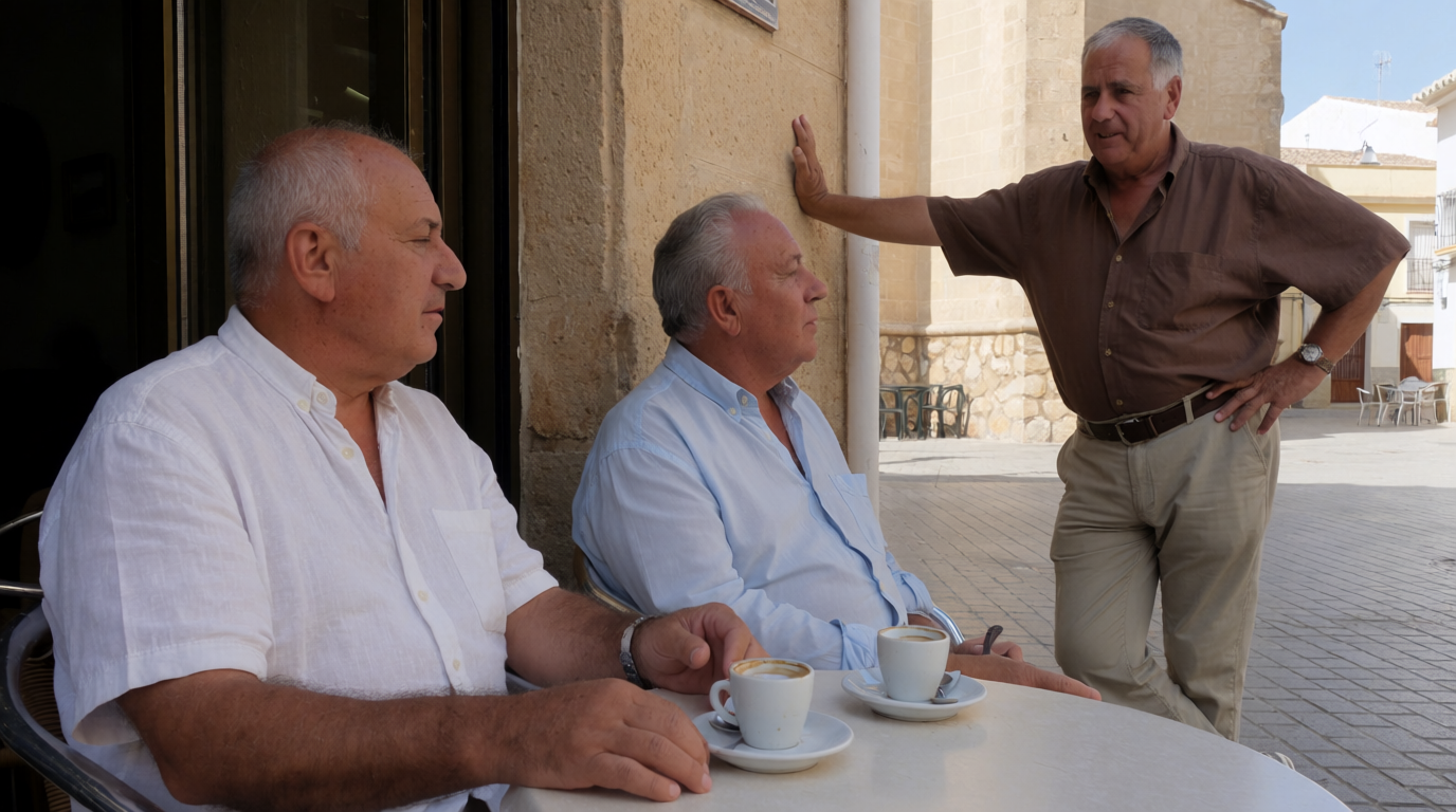 Vrienden drinken koffie in een café aan een plein in de oude kern van Benissa