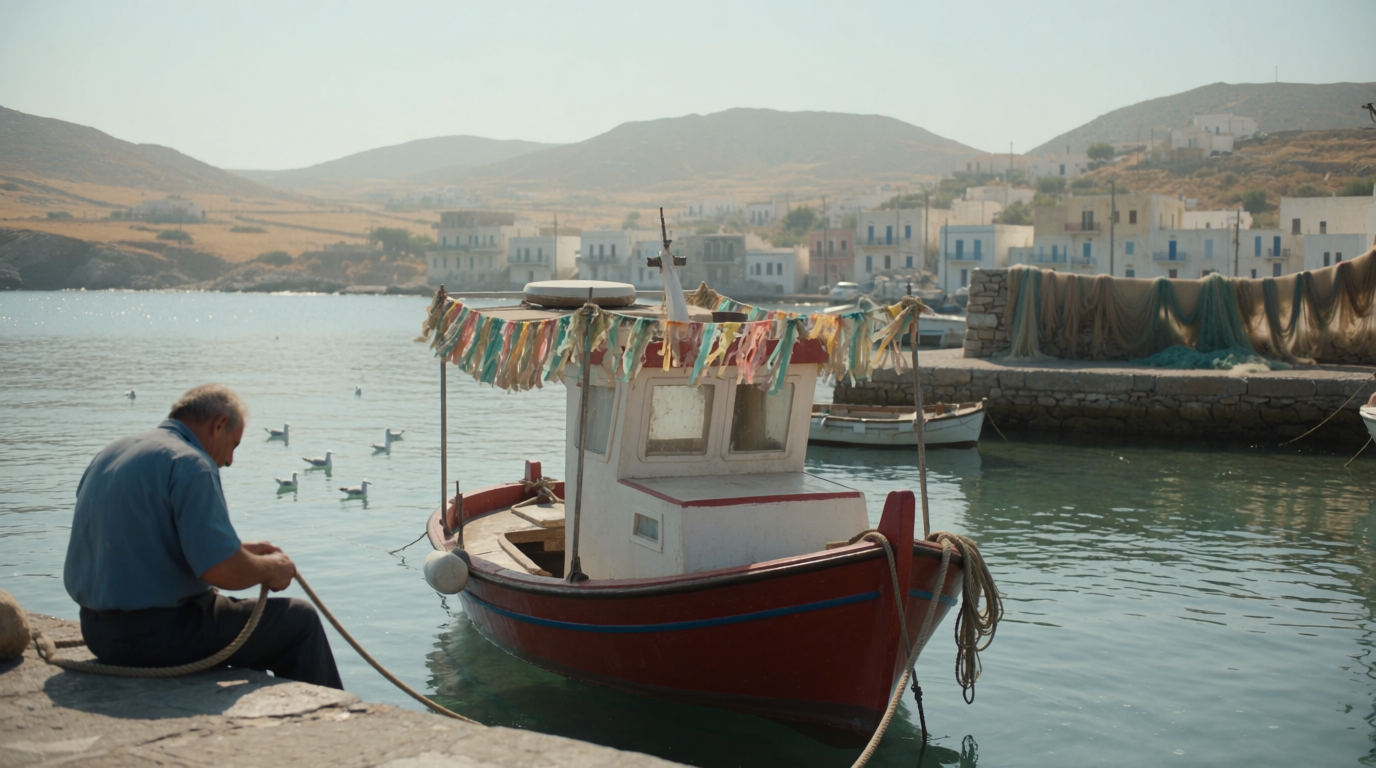 A fishing harbour the morning after a summer festival, streamers still on the boats