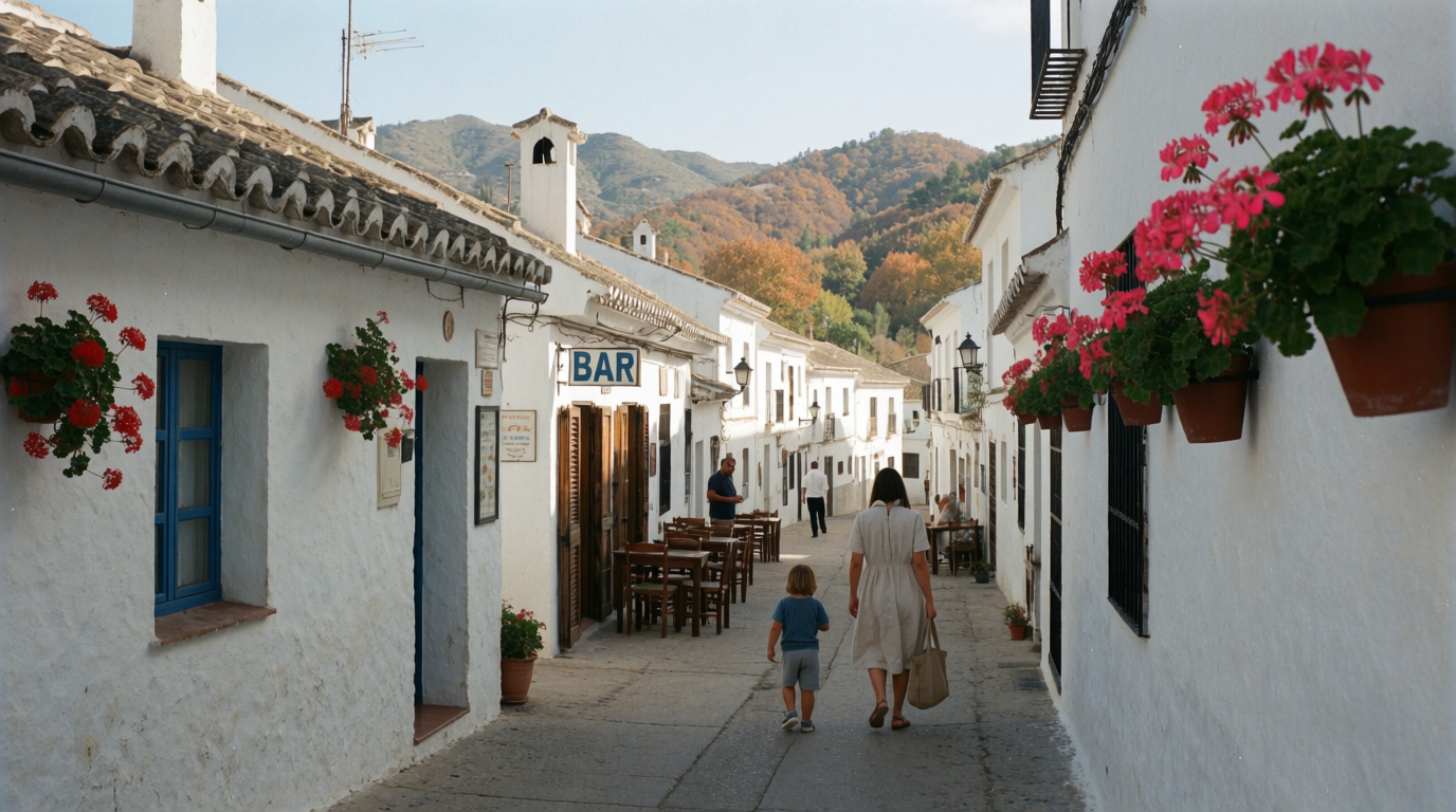A woman walking through a whitewashed hill village street on the Costa del Sol