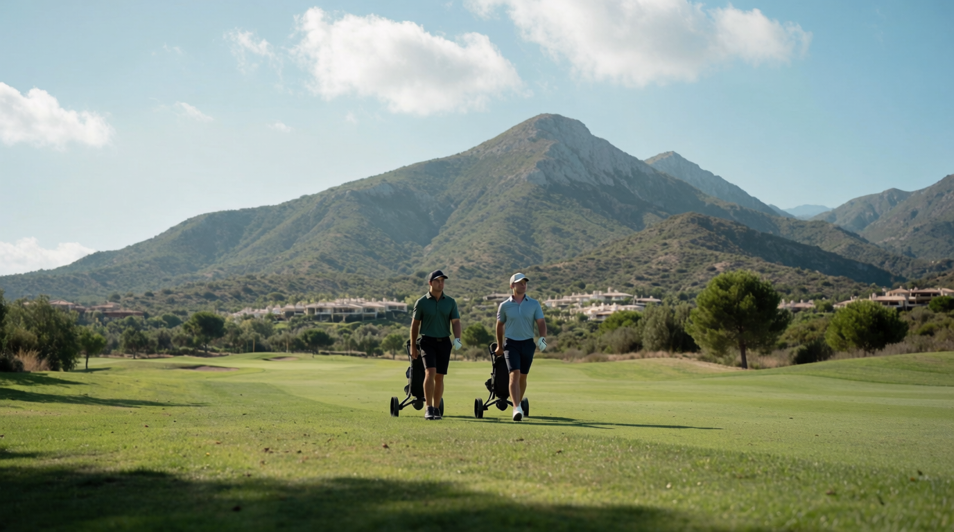 Two golfers walking a fairway near Mijas with the mountains behind