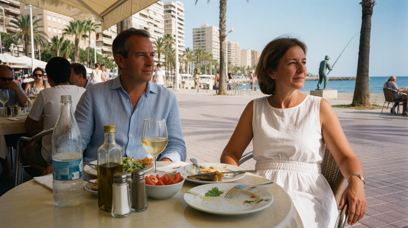 A couple lingering over a long fish lunch at a beachside table in Fuengirola