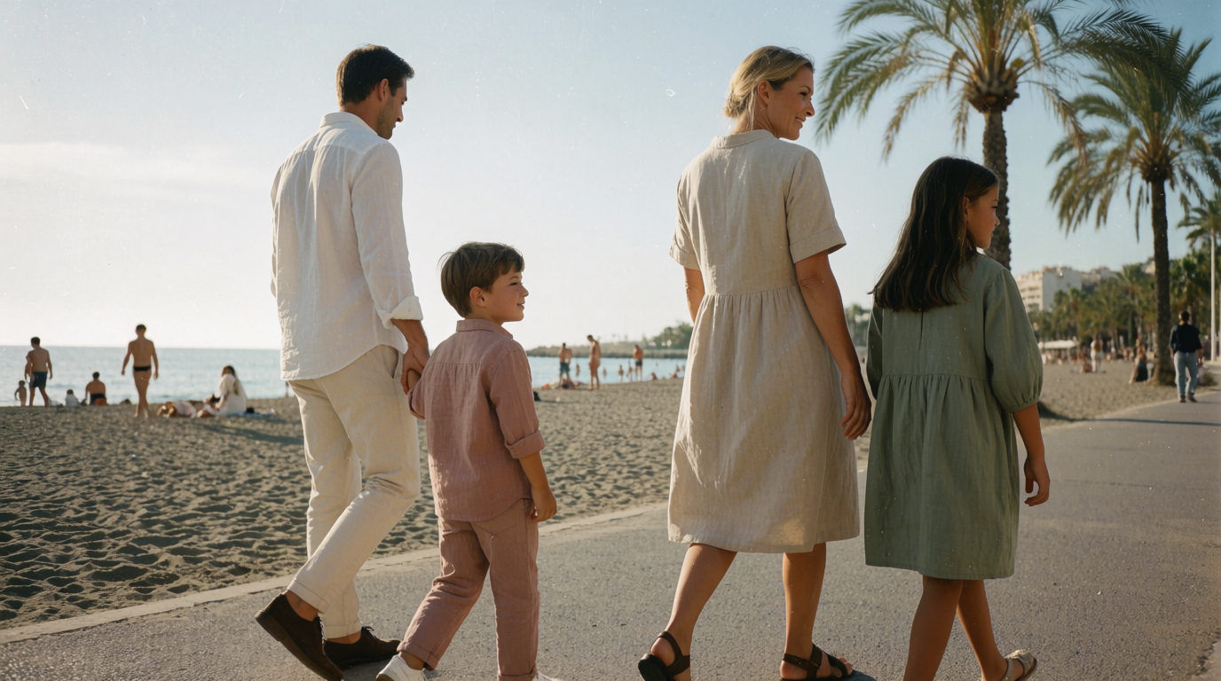 A family walking the seafront promenade in Fuengirola on an autumn afternoon