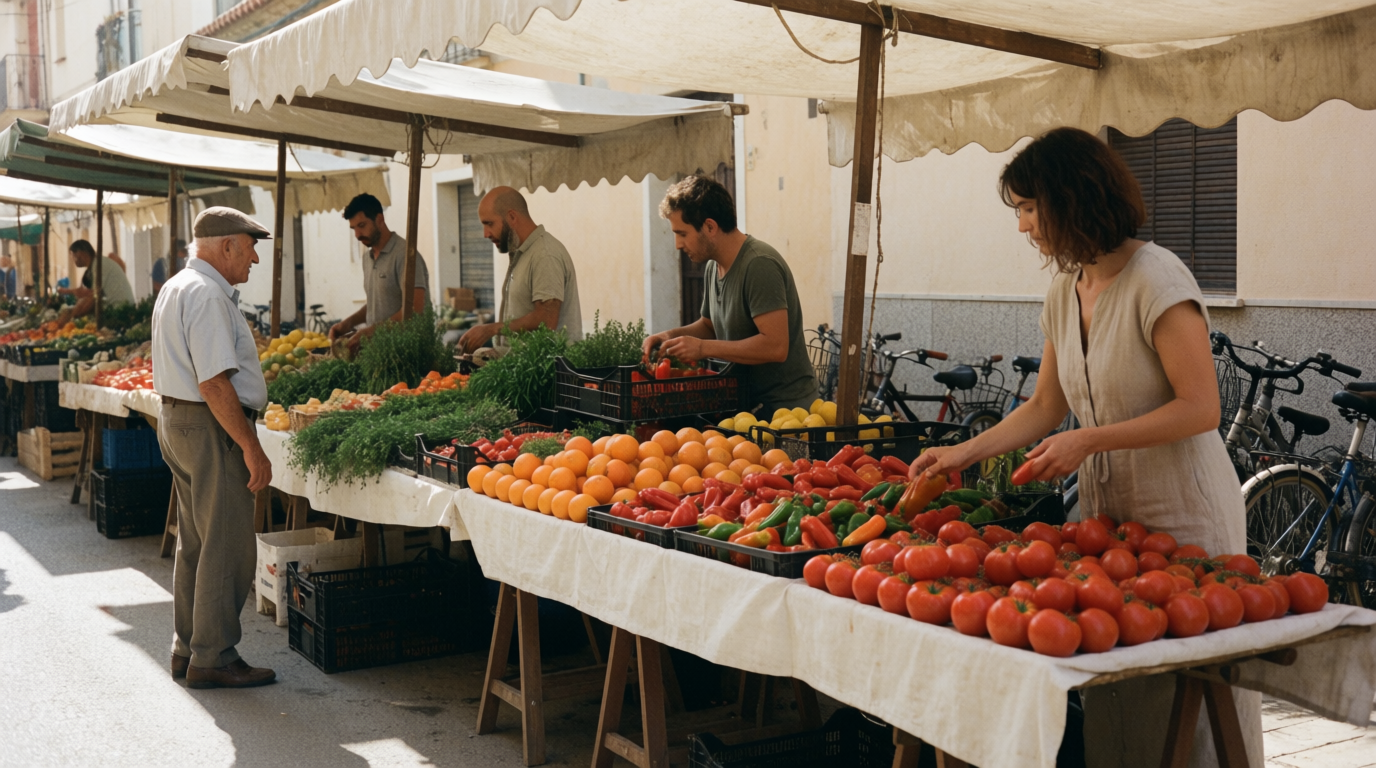Stallholders and shoppers at Benissa's outdoor market in the old town