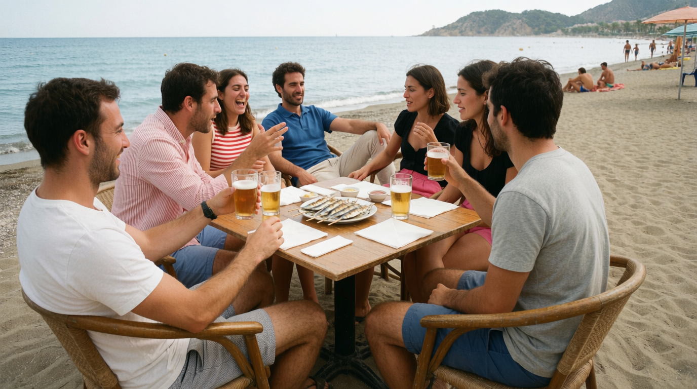 Venner på en chiringuito på stranden i Fuengirola med grillede sardiner og kolde drikke