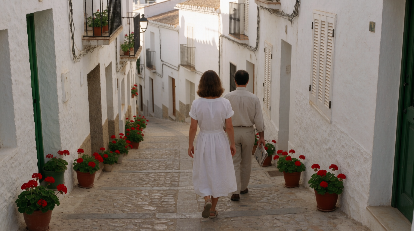 Woman walking down a cobbled whitewashed street in Altea's old town