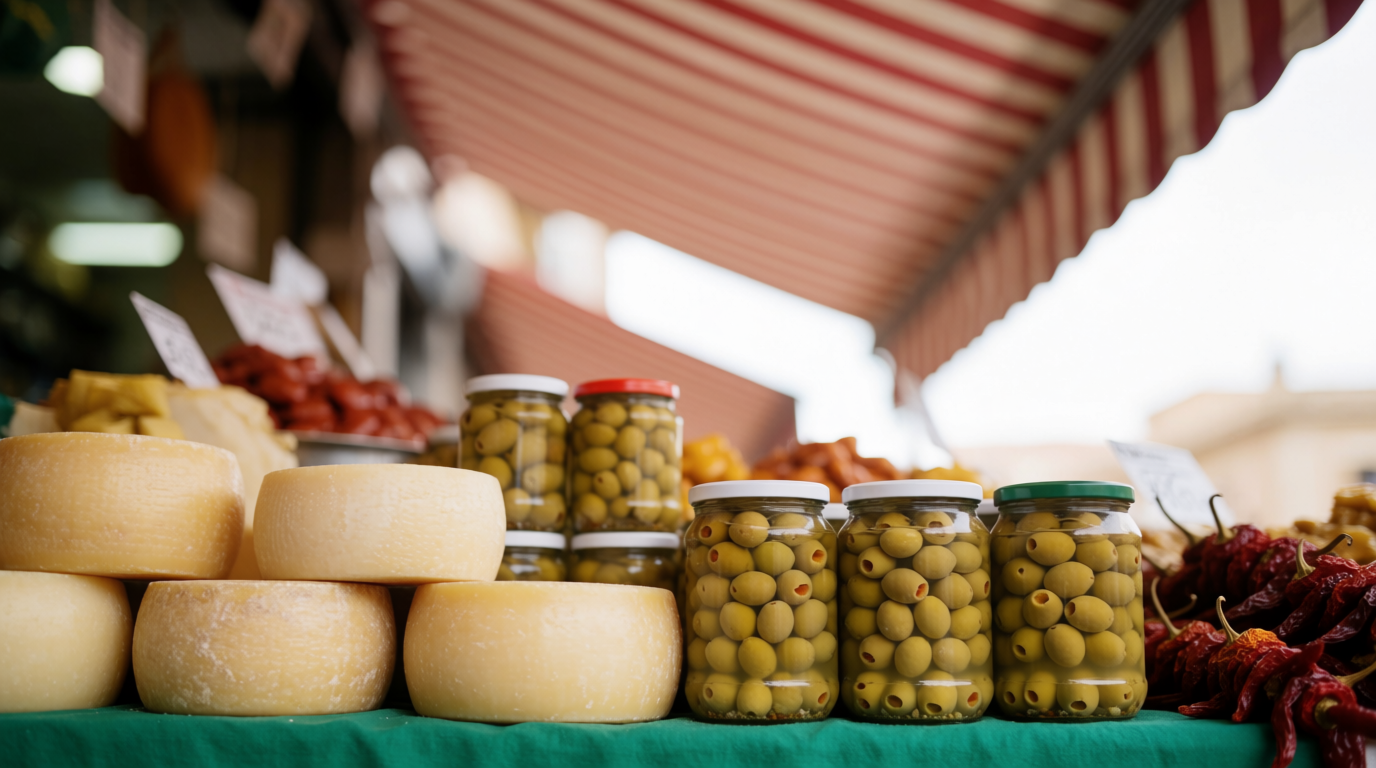 Cheese, olives and dried peppers on a Spanish market stall table