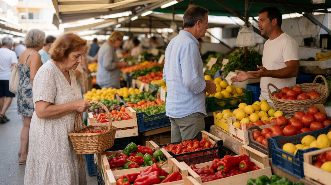 Shoppers browsing fruit and vegetable stalls at Moraira's weekly market