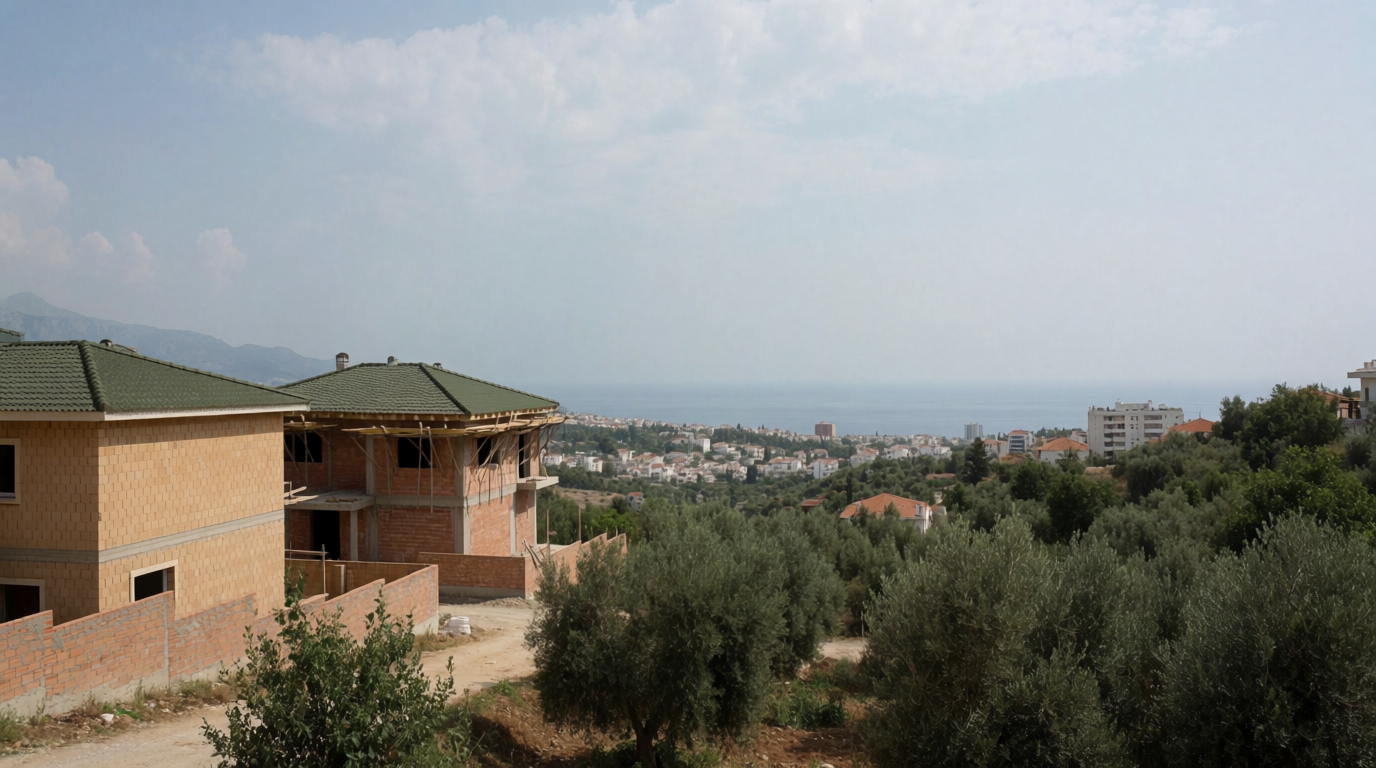 New villa construction on a hillside above Estepona with the sea beyond