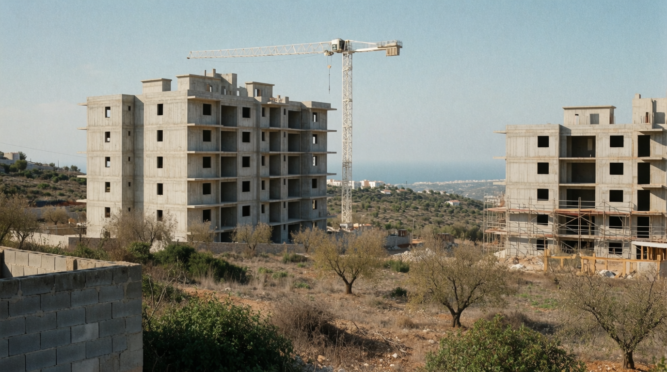 An unfinished new build development on a hillside overlooking the sea near Alicante.