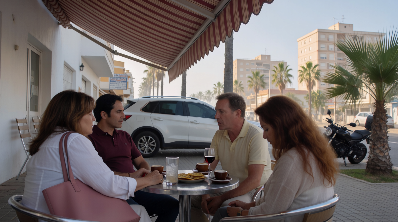 Freunde an einem Café-Tisch am Morgen in Arroyo de la Miel