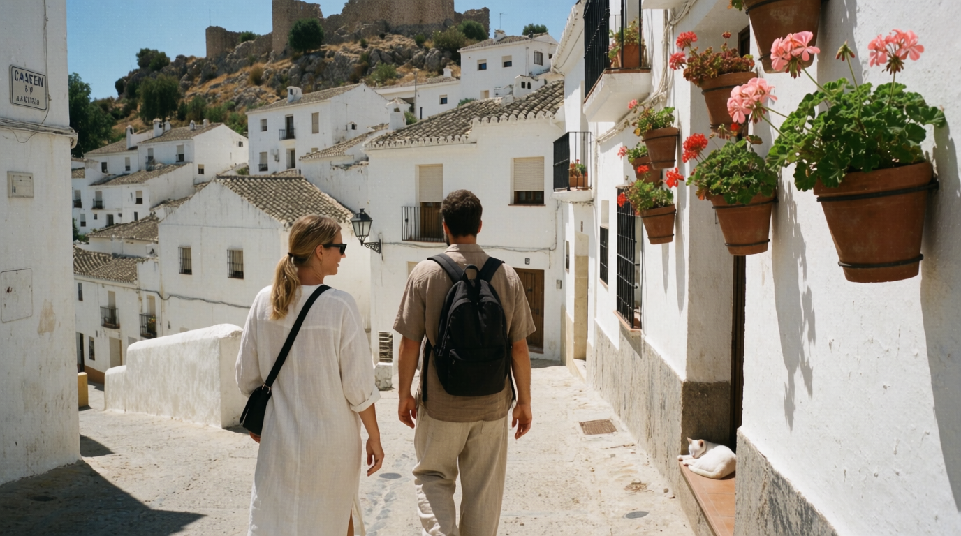 Casares: a white village on a rock and a quiet coast below