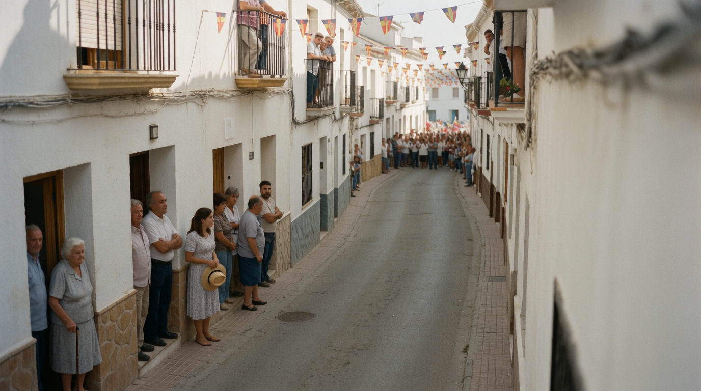 Neighbours gathered in doorways along a flag-strung street before a procession