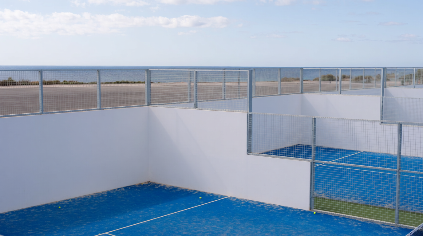 Empty padel courts near the coast at midday, sea in the distance.