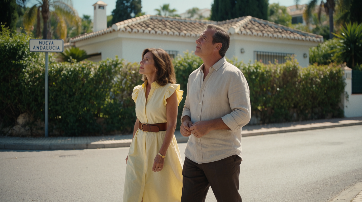 A couple pausing to look at a low white villa on a quiet Nueva Andalucia street