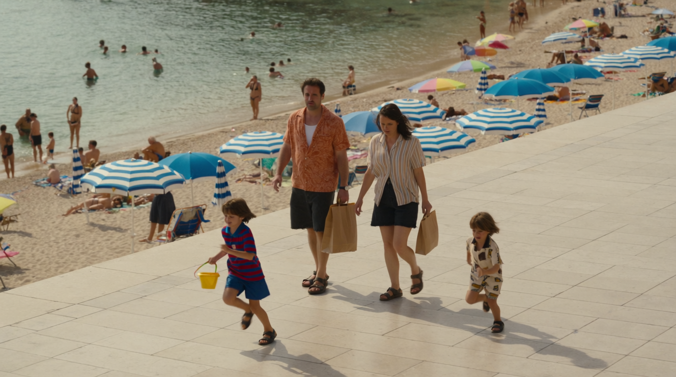 A family walking along a seafront promenade above a cove beach