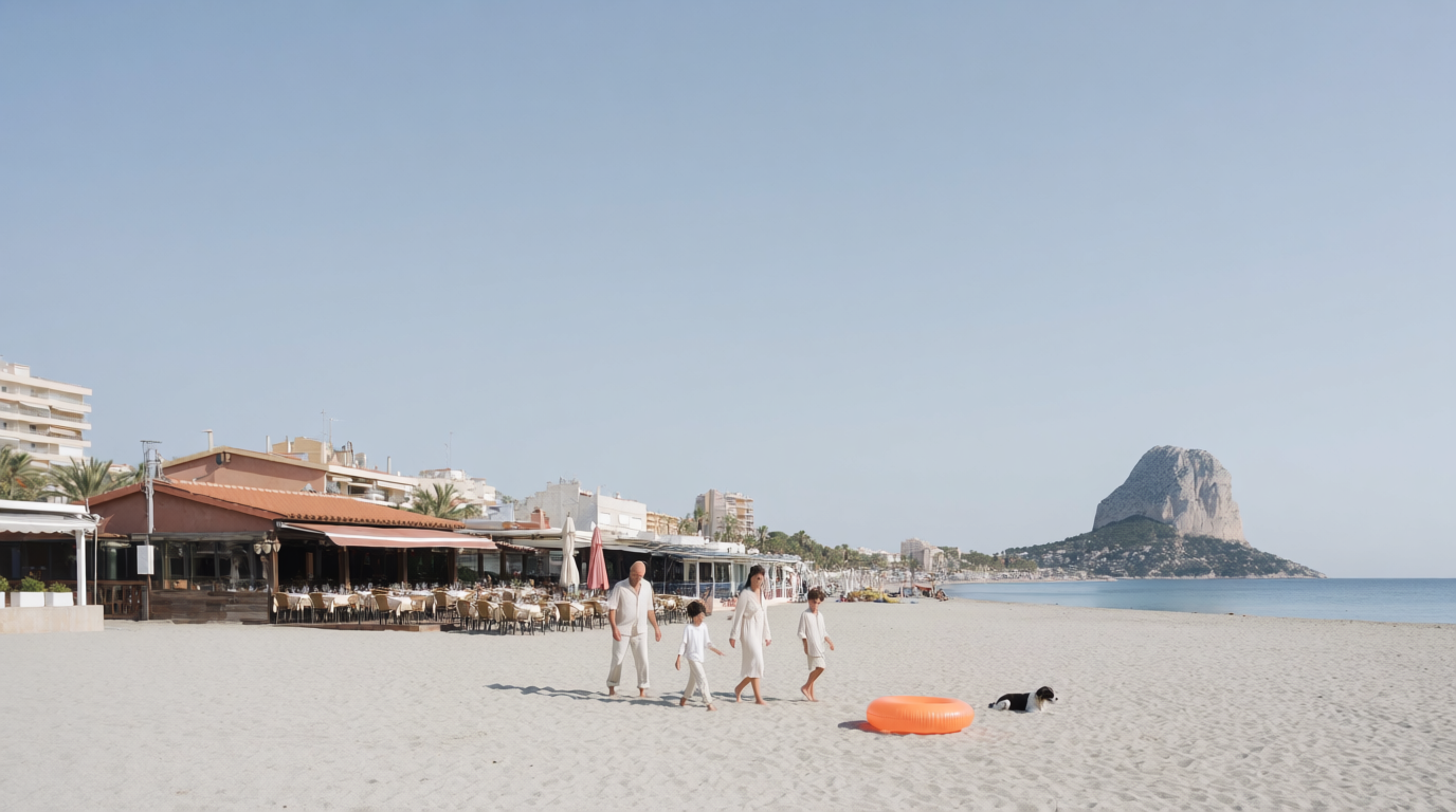 A family strolls along Calpe's Arenal-Bol beach toward a beachfront lunch spot, with the Peñón behind