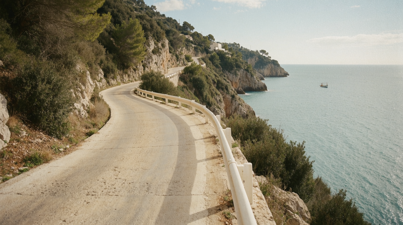 Coastal cliffs and a quiet Mediterranean near Nerja on a clear autumn day