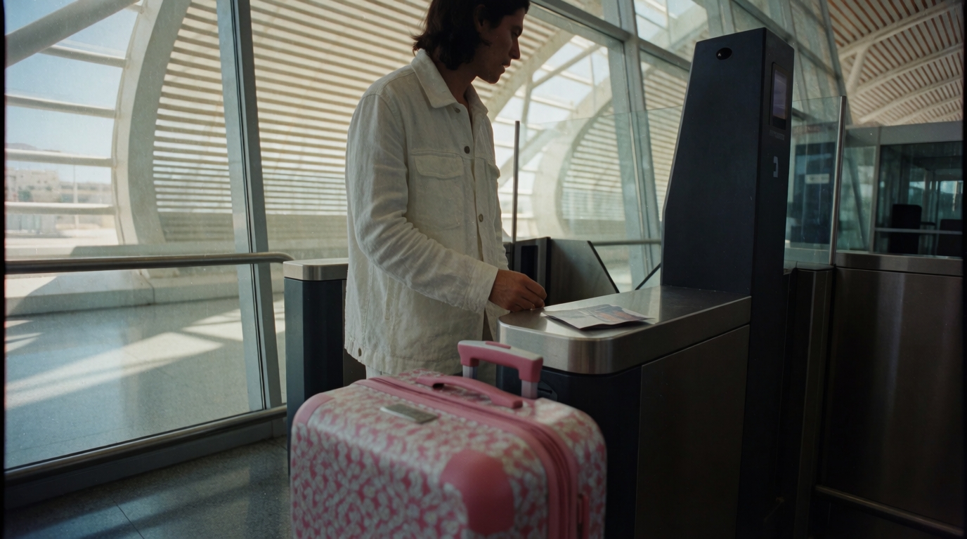 A traveller passing through an airport passport control area at Malaga airport