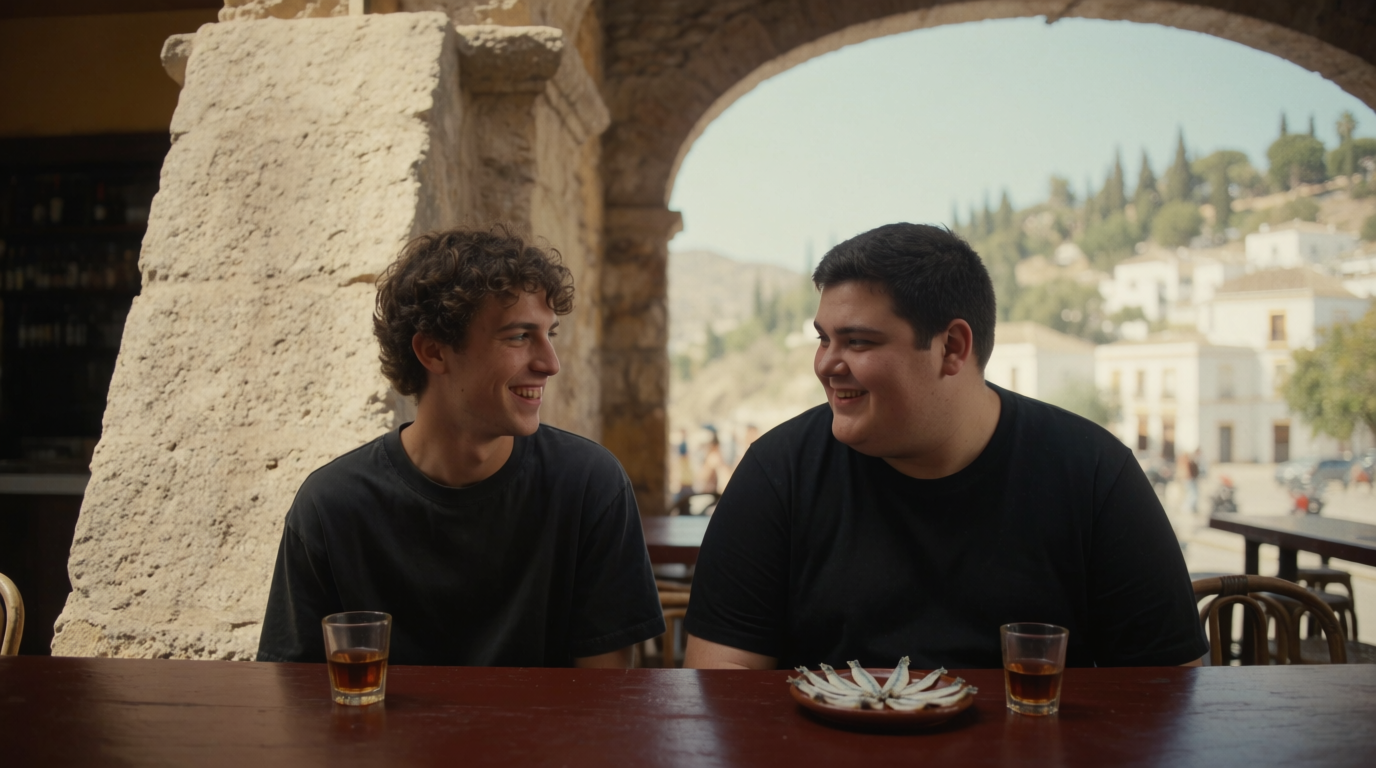 Two friends talking over vermouth at a bar in central Málaga