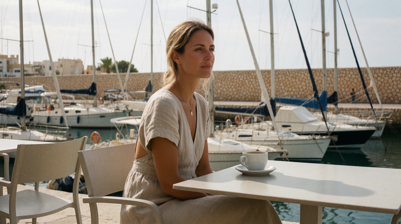 Woman having a quiet coffee at a marina cafe table on a calm September morning