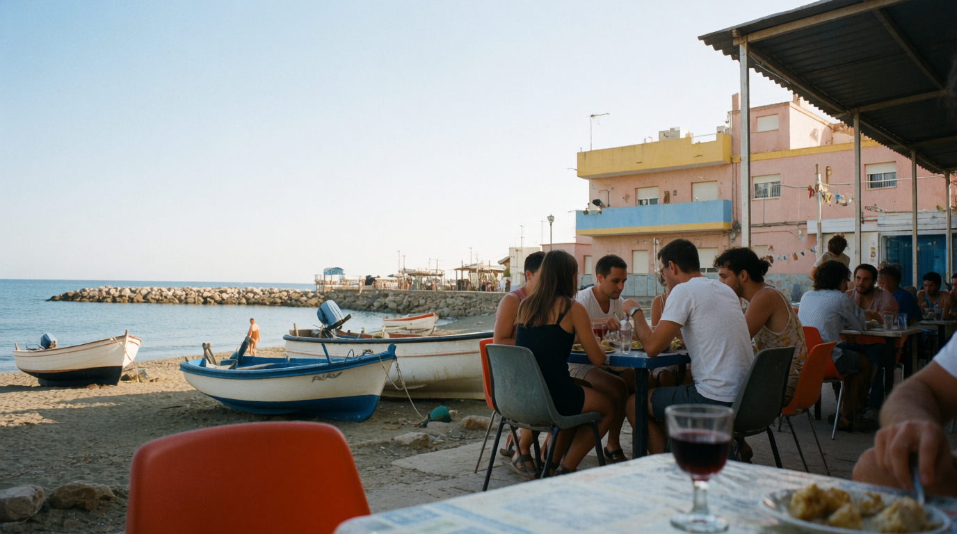 Friends sharing a long lunch at a beachfront restaurant in Pedregalejo, Málaga