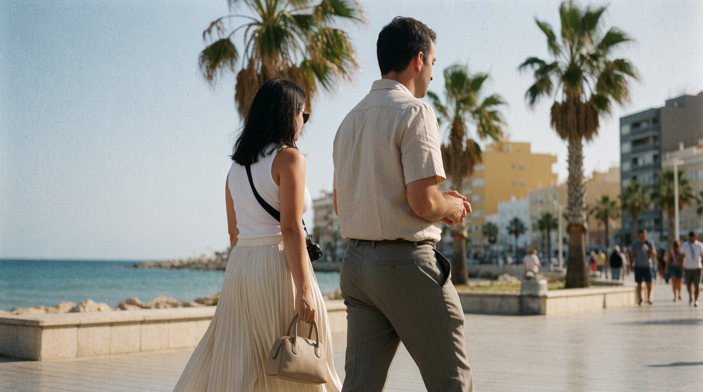 Two people strolling along a seafront promenade on the Costa Blanca in the morning