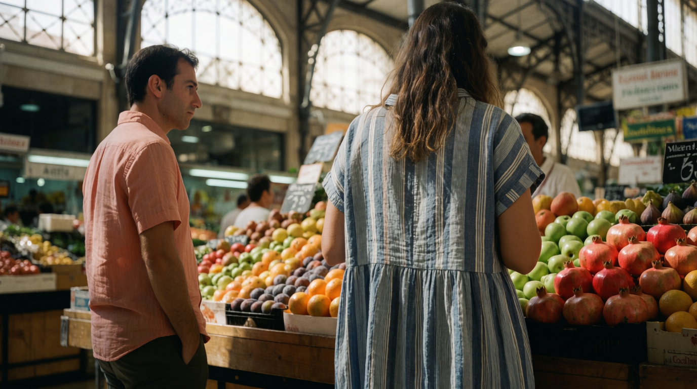 Shoppers browsing a fruit stall inside Alicante's Mercado Central
