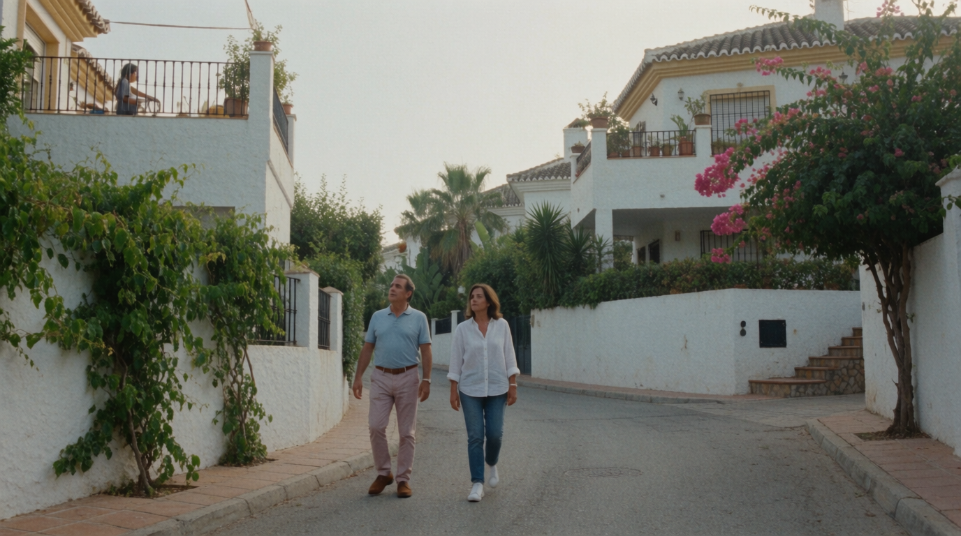 A couple walking past terraced villas on a quiet street in Benalmadena Pueblo