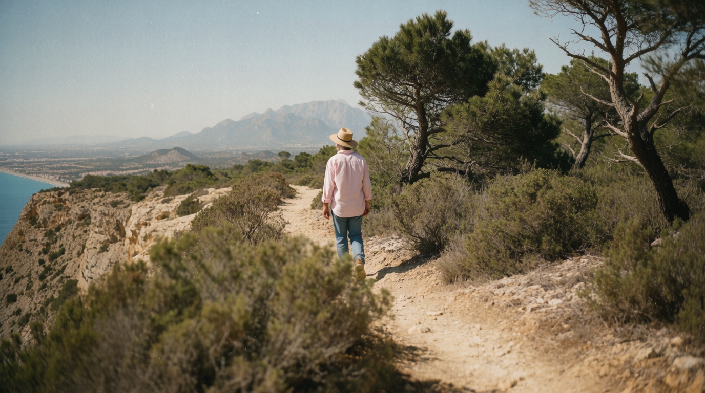 A walker on a clifftop path above the sea near Moraira